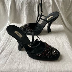 Prada black sling back curved heel pumps with jewels